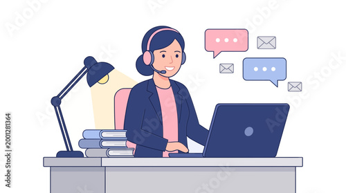Customer service agent with headset on laptop providing online support and communication