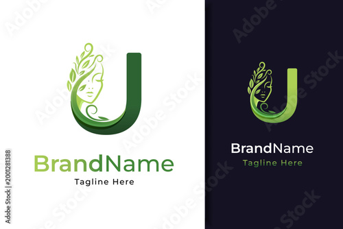 luxury monogram initial letter u with silhouette of Face woman in fresh leaf design logo template	