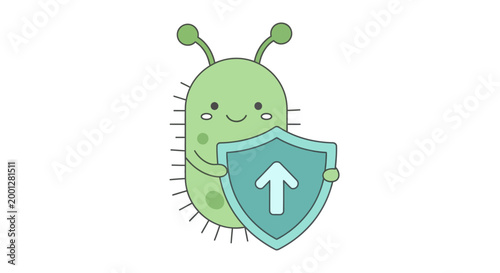 Friendly Cartoon Germ Character Holding a Protective Shield with Upward Arrow