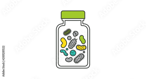 Glass Jar Filled with Colorful Cartoon Bacteria and Microbes for Laboratory Analysis