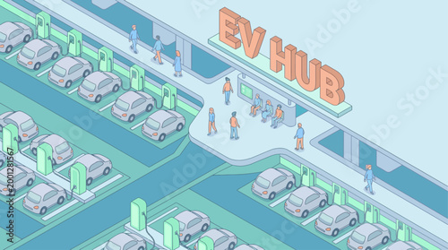 Isometric Electric Vehicle Charging Station Hub with Cars and People, Sustainable Transportation Infrastructure Concept for Green Energy and Smart City Planning