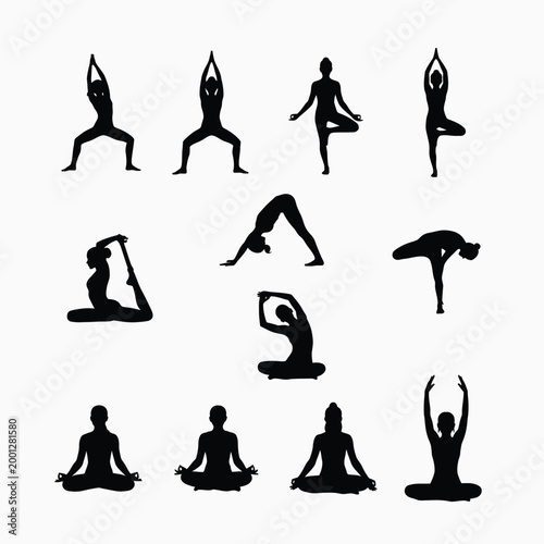Black and white yoga poses illustration set Vector