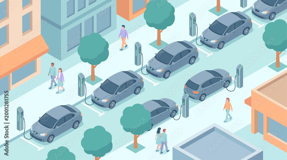 Fototapeta premium Isometric Electric Vehicle Charging Station with Cars and People in Modern Cityscape for Sustainable Transport Concept