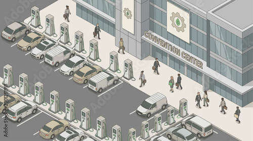 Isometric Convention Center with Electric Vehicle Charging Stations for Sustainable Corporate Events and Business Travel