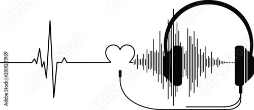 Heartbeat music vector illustration with headphones and sound waves