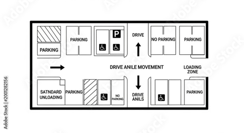 Fotografía Diagram of a parking lot layout with directional arrows and signs