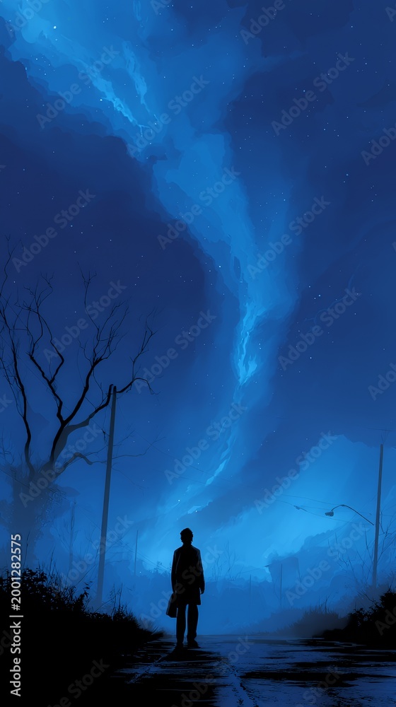 Fototapeta premium Midnight Wanderer: Silhouette Under Starry Blue Night Sky