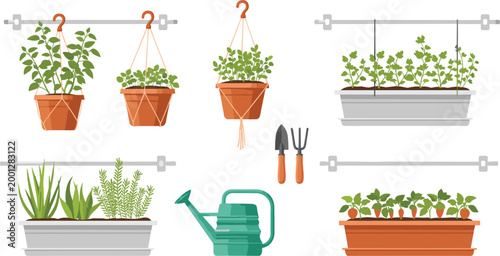 Urban gardening vector illustration with planters and tools