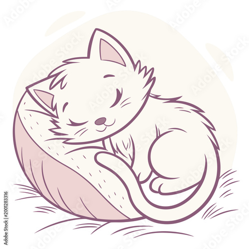Fotografie White cat sleeping soundly on a pink cushion.