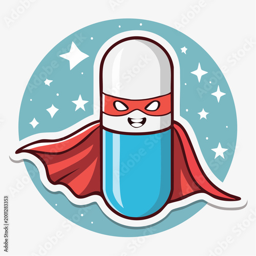Superhero Pill Character with Cape and Mask