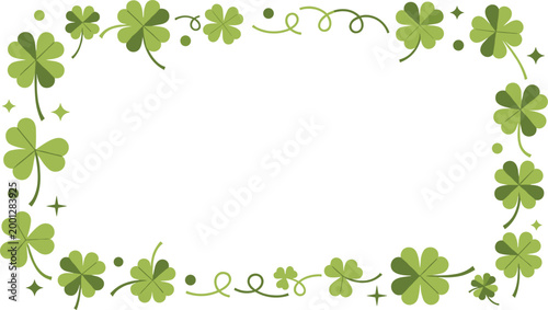 Green shamrock clover decorative frame border with swirling vines festive St Patrick’s Day background elegant botanical vector design