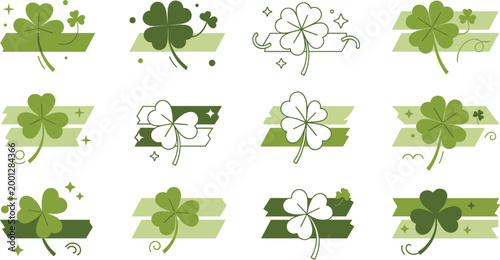 PrintCollection of green shamrock clover badges with ribbon banners decorative St Patrick’s Day labels festive botanical vector design elements set