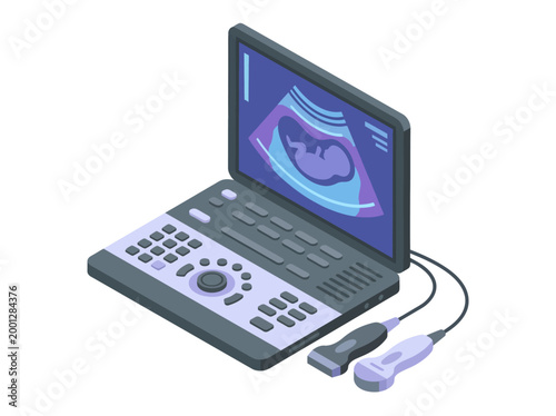 A modern, isometric vector illustration displays a portable medical ultrasound machine featuring a detailed control panel, two connected scanning probes, and an active screen showing a growing foetus