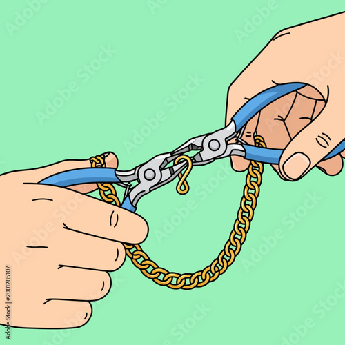 Hands Repairing a Gold Chain Necklace with Pliers