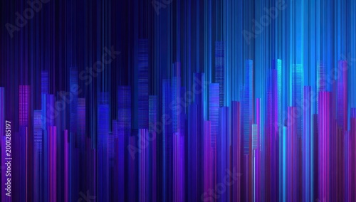 A vibrant, abstract cityscape is rendered in glowing neon blue and purple vertical lines.