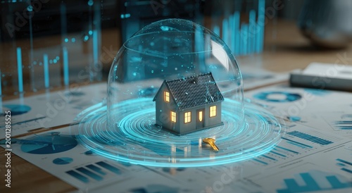 A miniature house model encased in a glowing blue protective dome rests on a table covered in financial documents, symbolizing security and investment.
