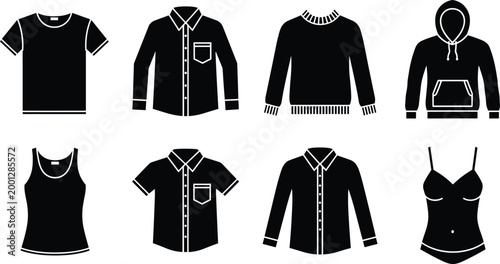 Vector silhouette set of essential apparel featuring t-shirts long sleeve button downs sweaters hoodies and tank tops for fashion retail