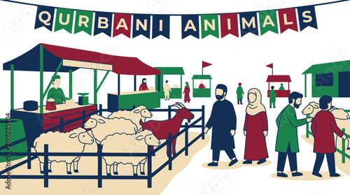 Vector illustration of a Qurbani animal market with sheep and goats for Eid al-Adha festival