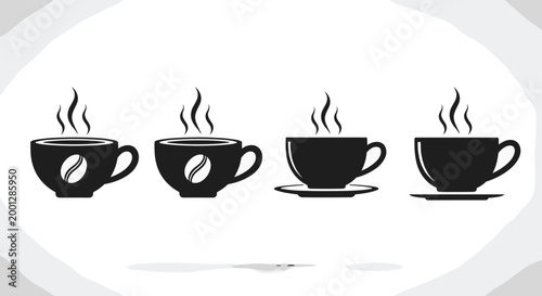 Vector silhouette set of steaming coffee cups with espresso beans and saucers for cafe branding and restaurant menus