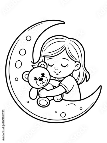Dreamy Embrace on the Crescent Moon: A young girl, lost in peaceful slumber, cradles a beloved teddy bear while nestled serenely on a crescent moon.