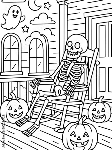 Spooky Halloween Scene: A whimsical illustration depicts a jovial skeleton relaxing on a porch, surrounded by cheerful pumpkins, setting a festive mood for Halloween. 