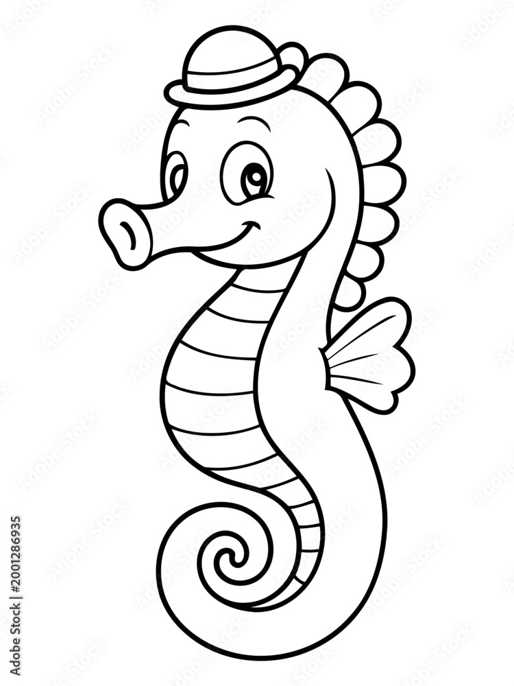 Fototapeta premium Whimsical Seahorse Illustration: A delightful illustration of a seahorse wearing a dapper hat, creating a cheerful and imaginative scene.
