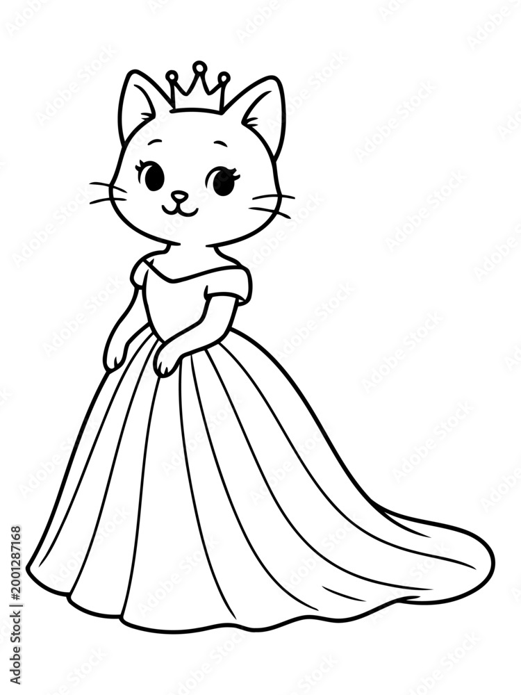 Fototapeta premium Princess Cat Illustration: A whimsical illustration of a charming feline princess, crowned and dressed in an elegant gown, exudes grace and innocence. 
