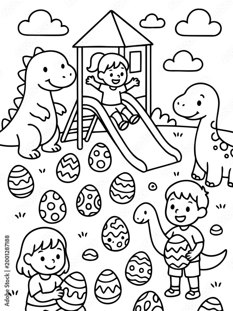 Naklejka premium Dino Easter Adventure: A joyful scene of children and friendly dinosaurs enjoying a playful Easter egg hunt. 