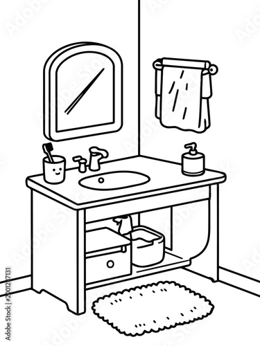 Bathroom essentials: A clean and simple illustration of a bathroom setup, showcasing a sink, mirror, and toiletries in a neat arrangement.