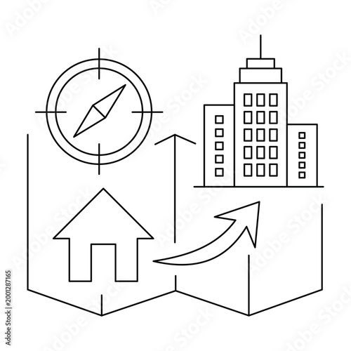 Business relocation icon showing moving from home to office with map and compass.Editable stroke, Vector illustration, Line art Icon, Symbols.	