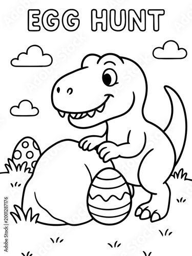 Dinosaur Egg Hunt: A cartoon illustration depicts a friendly dinosaur in a lively egg hunt, set against a cheerful backdrop of playful clouds and cheerful vibes.