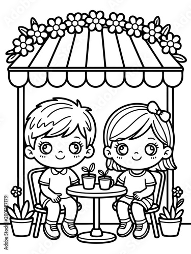 Black and white illustration of children in garden: This heartwarming illustration shows the sweet simplicity of childhood, a boy and girl at a table. The environment is idyllic with blooming flowers.