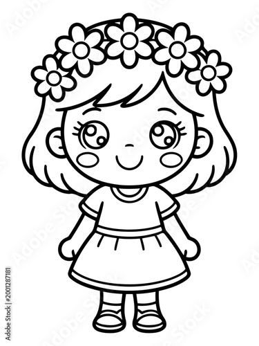 Cute Flower Crown Girl Illustration: A charming, outlined illustration of a girl adorned with a crown of flowers, conveying a sense of innocence, joy and simplicity.