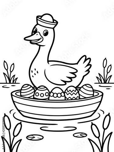 Duck with Decorated Eggs: A cheerful illustration of a duck wearing a hat, surrounded by decorative eggs in a boat. A delightful scene for Easter celebrations and crafting activities. 