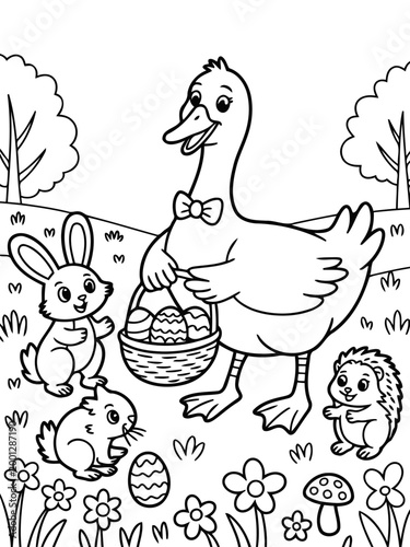 Easter Duck and Friends: A delightful black and white illustration of an Easter duck holding an egg-filled basket, surrounded by an adorable bunny, small rodent and hedgehog. Perfect for coloring.