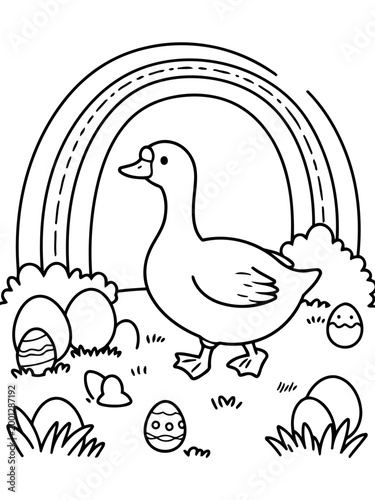 Easter Duck: An adorable duck strolls merrily through a vibrant Easter scene, encircled by colorful decorated eggs and a brilliant rainbow.