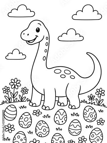 Dinosaur Easter Coloring: A charming, friendly dinosaur with a cheerful smile stands amidst Easter eggs and flowers, all ready for coloring. Perfect for kids and creative projects.