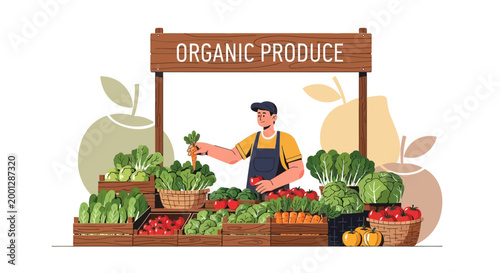 Organic Produce Market Stall with Fresh Vegetables and Local Farmer