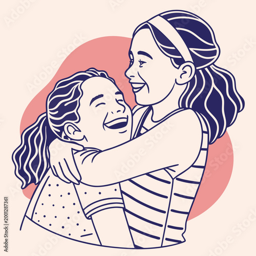 Foto Two happy sisters hugging closely with smiles.