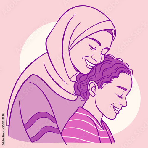 Konstfotografi Gentle moment between mother wearing hijab and child.