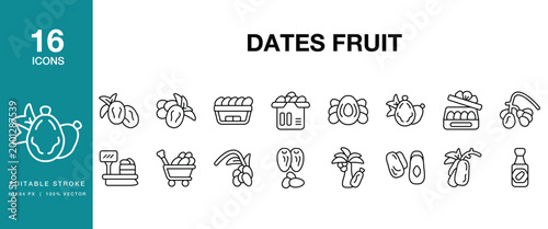 Dates Fruit icon set. Includes dates, fruit, dried, sweet, brown, fresh, ripe and More. Editable Stroke Icon Collection.