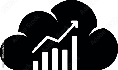 Cloud computing graphic illustration with upward trending bar chart and arrow, symbolizing data growth and financial progress in digital technology sector for business analytics and online service dev
