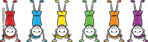 Colorful hand drawn stick figure children doing handstands in a row vector illustration for school and education concepts