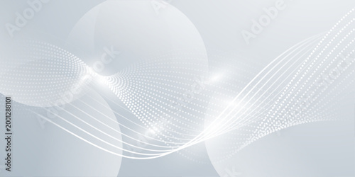 White dotted wave lines with soft transparent circles on light grey background, abstract modern tech futuristic banner design