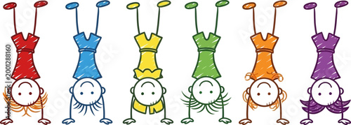 Playful hand drawn colorful stick figure children doing handstands in a row vector illustration for school education and childhood concepts