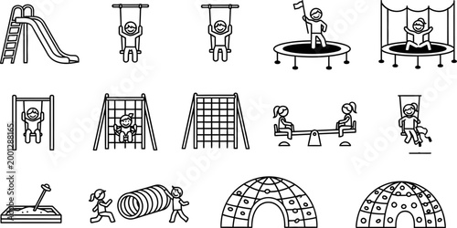 Minimalist vector line icons set featuring children playing on playground equipment including slides swings trampolines and climbing frames for park design