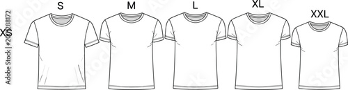 Vector t-shirt template set featuring size grading from XS to XXL for apparel manufacturing and retail fit guides