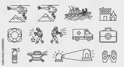 Emergency Services Icons Set Rescue Operations And Safety Equipment.