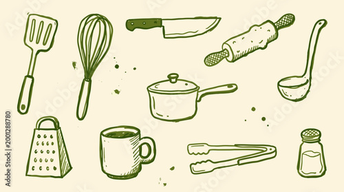 Hand drawn illustration of kitchen utensils and cooking tools on a light background, perfect for culinary themes and food preparation concepts