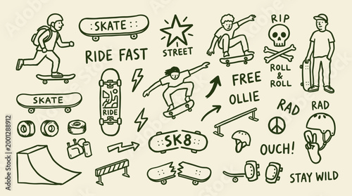 Doodle illustration of skateboarding elements, characters, and action words, representing urban sports and active lifestyle